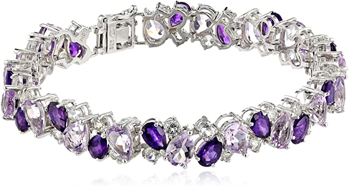 Amazon Collection Sterling Silver Genuine Amethyst and White Topaz Tonal Gemstone Bracelet