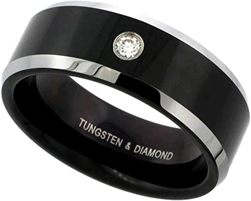 Sabrina Silver 8mm Black Tungsten 900 Diamond Wedding Ring 0.07 cttw Two-Tone Beveled Edges
