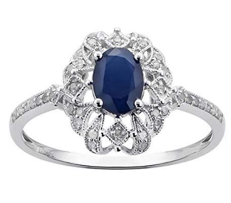 10k White Gold Genuine Oval Vintage Style Sapphire and Diamond Ring