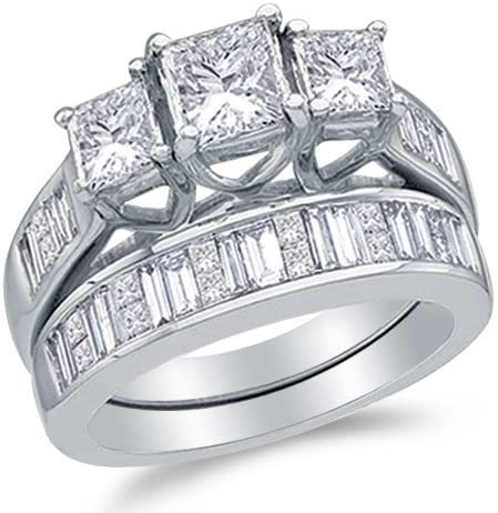 14K White Gold Princess Cut & Baguette Diamond Bridal Engagement Ring & Matching Wedding Band Two Piece Set