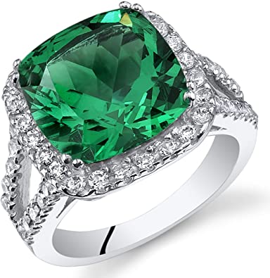 6.50 Carats Cushion Cut Simulated Emerald Ring Sterling Silver Sizes 5 to 9