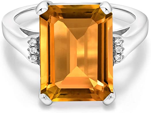 Gem Stone King 925 Sterling Silver Yellow Citrine Women Engagement Ring (8.27 Cttw, Emerald Cut 14X10MM, Gemstone Birthstone
