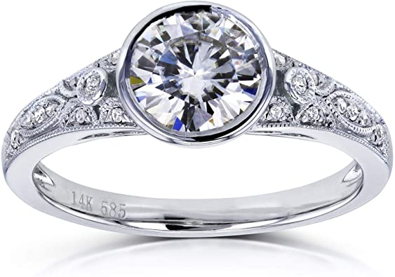 Kobelli Round Moissanite Bezel Vintage Style Engagement Ring 1 CTW in 14k White Gold