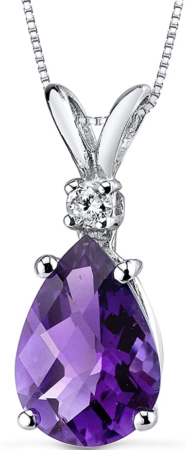 Peora Amethyst with Genuine Diamond Pendant in 14K White Gold, Elegant Teardrop Solitaire, Pear Shape, 10x7mm, 1.60 Carats total