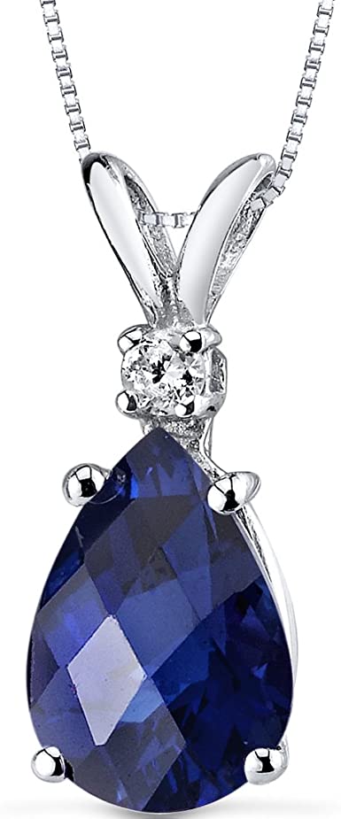 Peora Created Blue Sapphire with Genuine Diamond Pendant in 14K White Gold, Elegant Teardrop Solitaire, Pear Shape