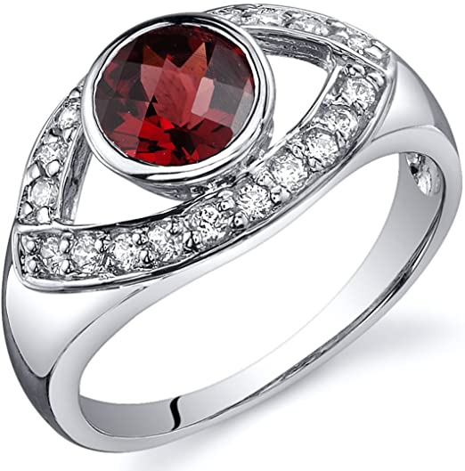 Peora Garnet Ring in Sterling Silver, Enlightened Third Eye Design, 1 Carat Round Shape, 6mm, Comfort Fit, Sizes 5 to 9
