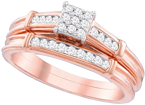 Solid 10k Rose Gold Round White Diamond Bridal Square Shape Solitaire Engagement Ring with Matching Wedding Band