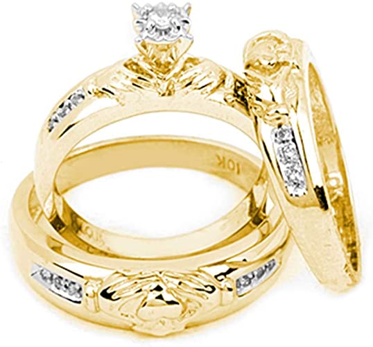 Solid 14k Yellow Gold His and Hers Round Diamond Claddagh Matching Couple Three Rings Bridal Engagement Ring Wedding Bands Set