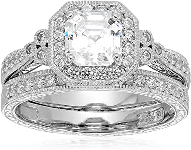 Sparkling antique-style ring with asscher-cut Infinite Elements Cubic Zirconia and band with prong-set faceted rounds.