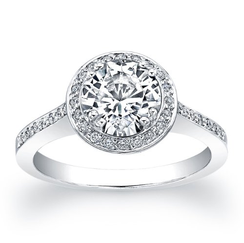 Women's round diamond halo ring with 4.00 carat white sapphire center plus 0.25 ctw diamonds